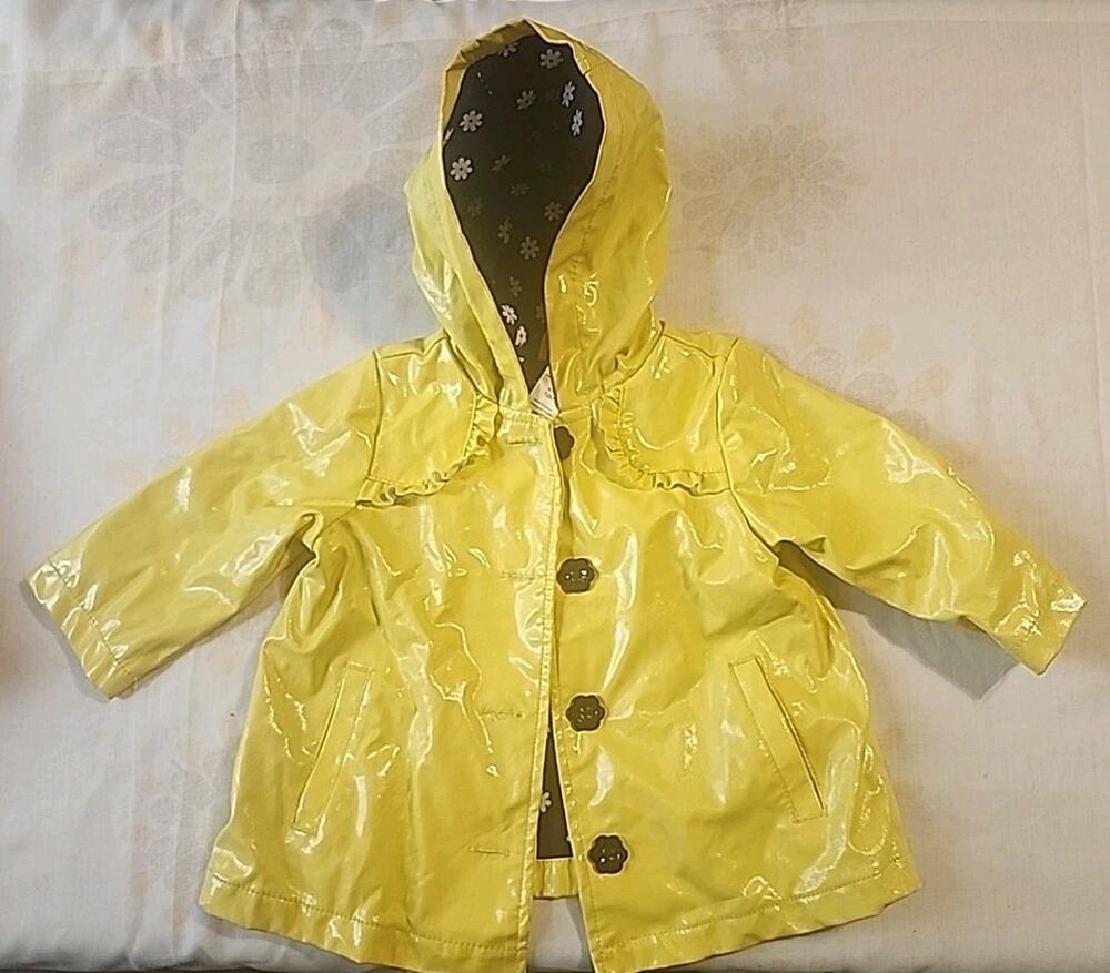 Infant Girls Raincoat 12 M Yellow Daisy Floral Lining Waterproof Pockets Button
